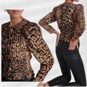 Express Leopard Print Long Puff Sleeve Smocked Stretch Waist Top Size Medium